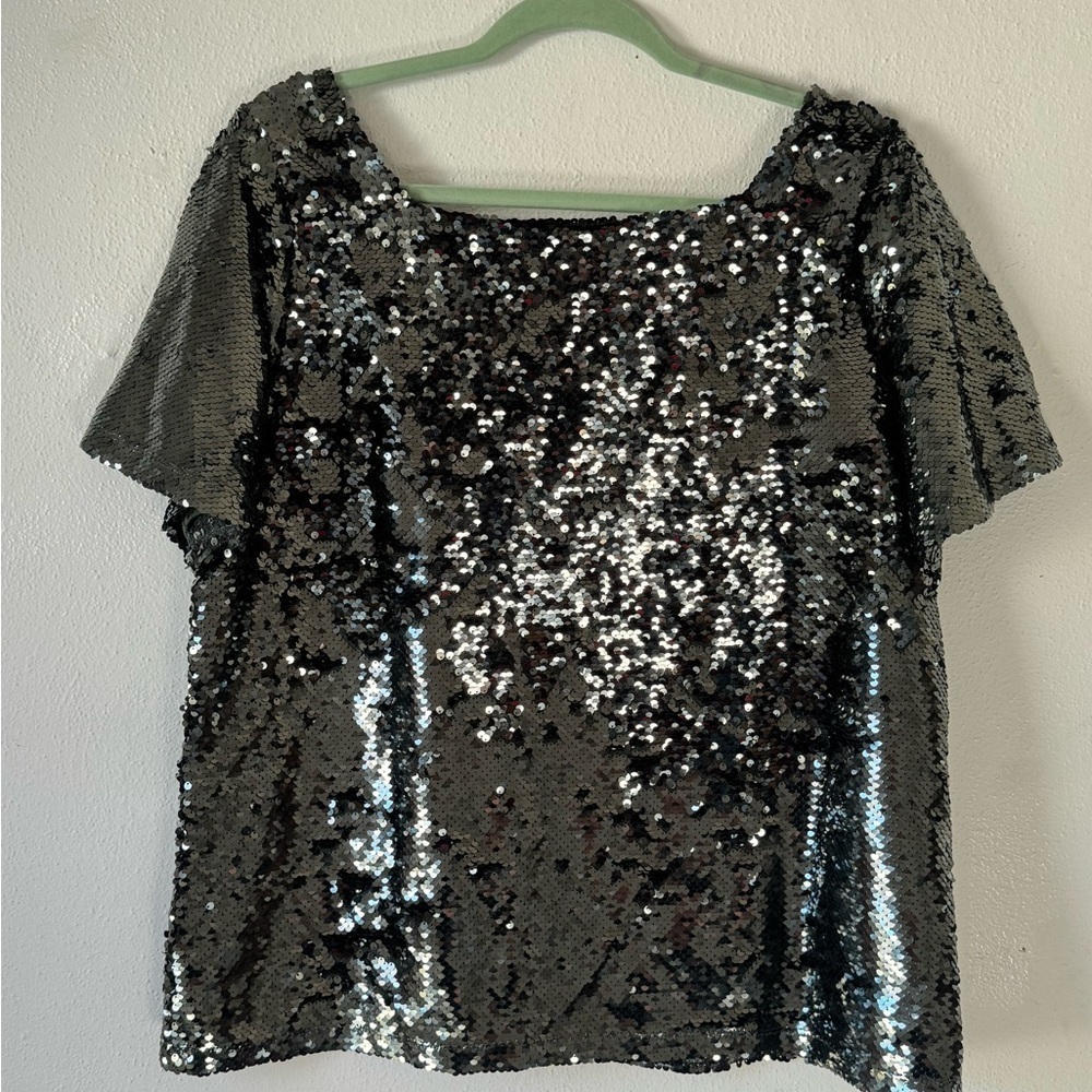 Ann Taylor Holiday Forest Green Sequin Top Sz L - Picture 4 of 9